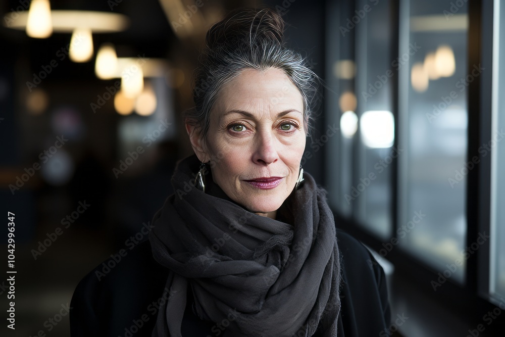 Portrait of mature woman in scarf at cafe. Focus on face Portrait of mature woman in scarf at cafe. Focus on face
