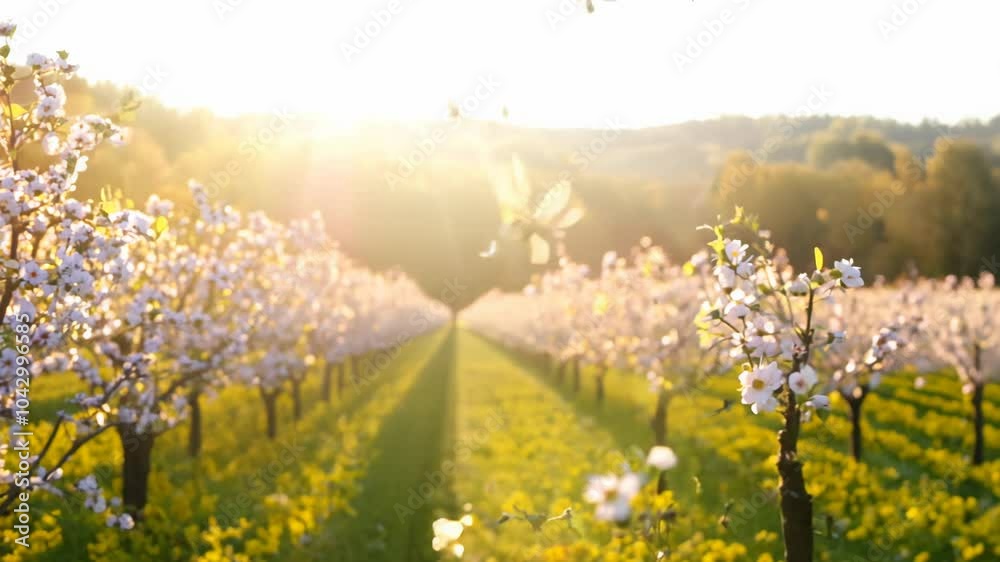 Camera smoothly circles around a blossoming orchard in bright, colorful natural light with a 360-degree view Camera smoothly circles around a blossoming orchard in bright, colorful natural light with a 360-degree view