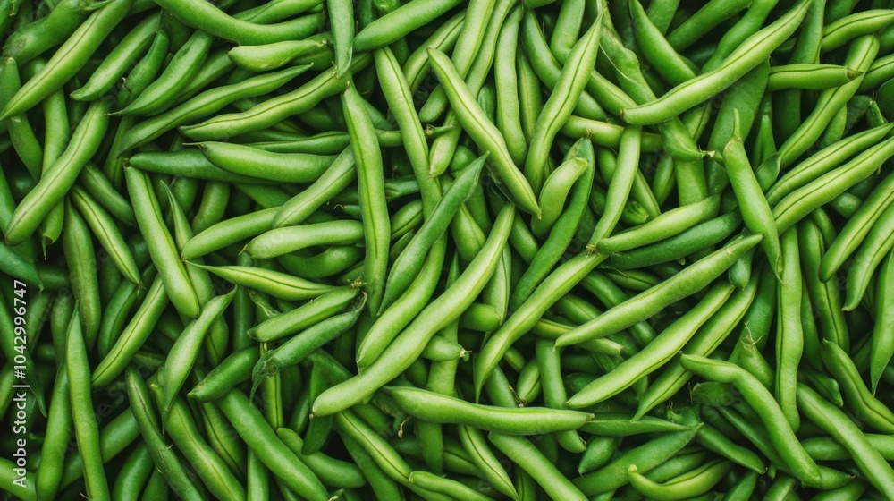 A surface densely covered with freshly picked green beans, filling every inch of the frame with their crisp, green texture and vibrant color. A surface densely covered with freshly picked green beans, filling every inch of the frame with their crisp, green texture and vibrant color.