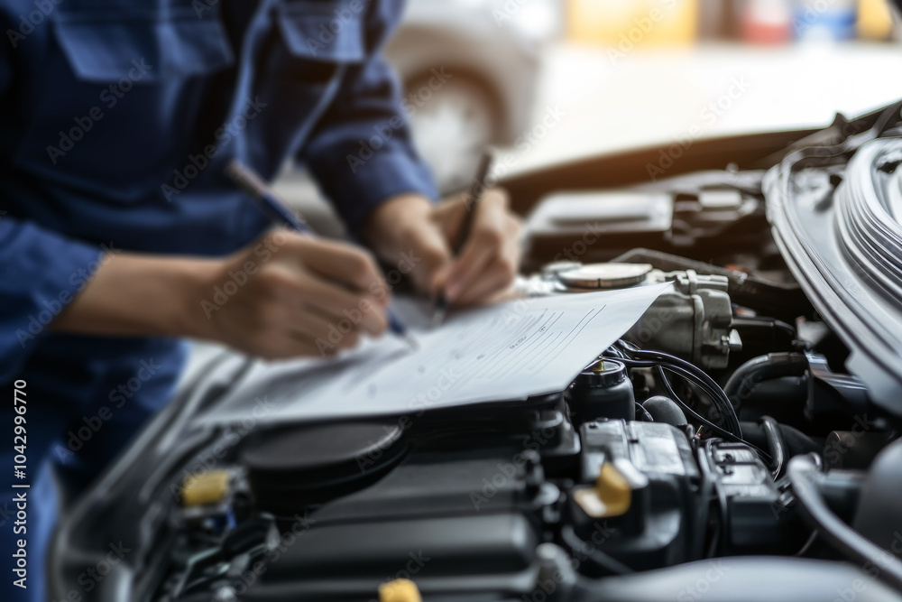 Close-up of a mechanic's hands taking notes on a clipboard while working on a car engine in a garage. Close-up of a mechanic's hands taking notes on a clipboard while working on a car engine in a garage.