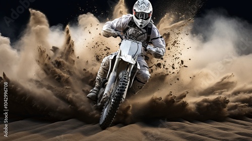 Motocross riders in action on the circuit creating a huge cloud of dust and debris photo