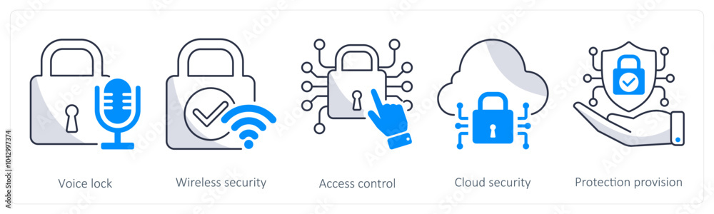 Obraz premium A set of 5 security icons as voice lock, wireless security, access control