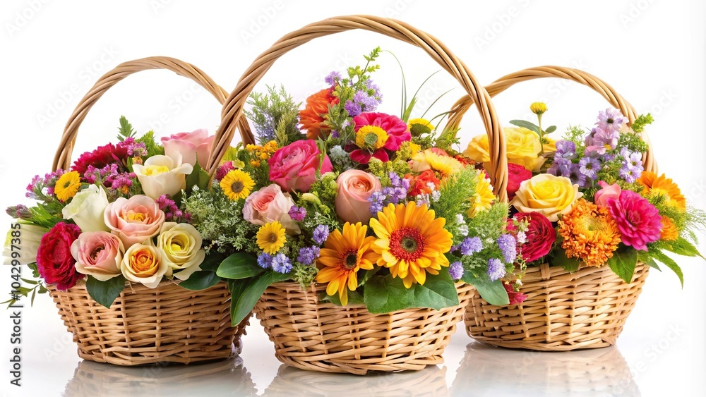 Exquisite Mixed Bloom Baskets A Harmonious Array of Complementary Flowers and Leaves Isolated on White Medium Shot Exquisite Mixed Bloom Baskets A Harmonious Array of Complementary Flowers and Leaves Isolated on White Medium Shot