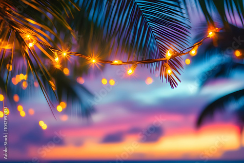 Tropical scene with palm leaves adorned with twinkling string lights, festive atmosphere