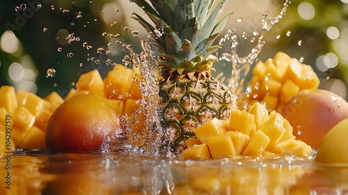 Fototapeta Naklejka Na Ścianę i Meble -  Fresh tropical fruits like pineapples and mangoes splashing in water with vibrant juice