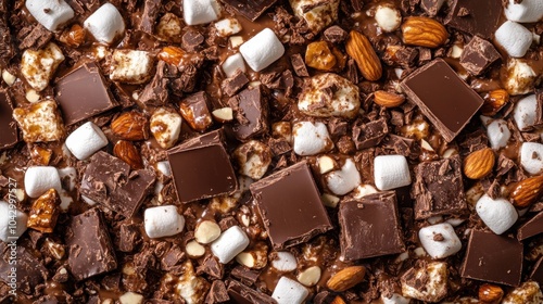 A densely packed background of rocky road bars, filled with marshmallows, chocolate, and nuts, creating a rich and varied texture across the entire frame.
