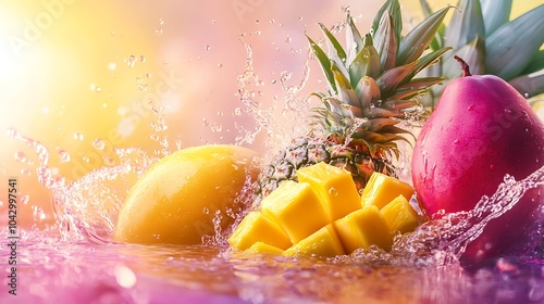 Fototapeta Naklejka Na Ścianę i Meble -  Fresh tropical fruits like pineapples and mangoes splashing in water with vibrant juice
