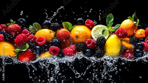 Fototapeta Naklejka Na Ścianę i Meble -  A variety of fresh fruits splashing together in water with dynamic movement and color