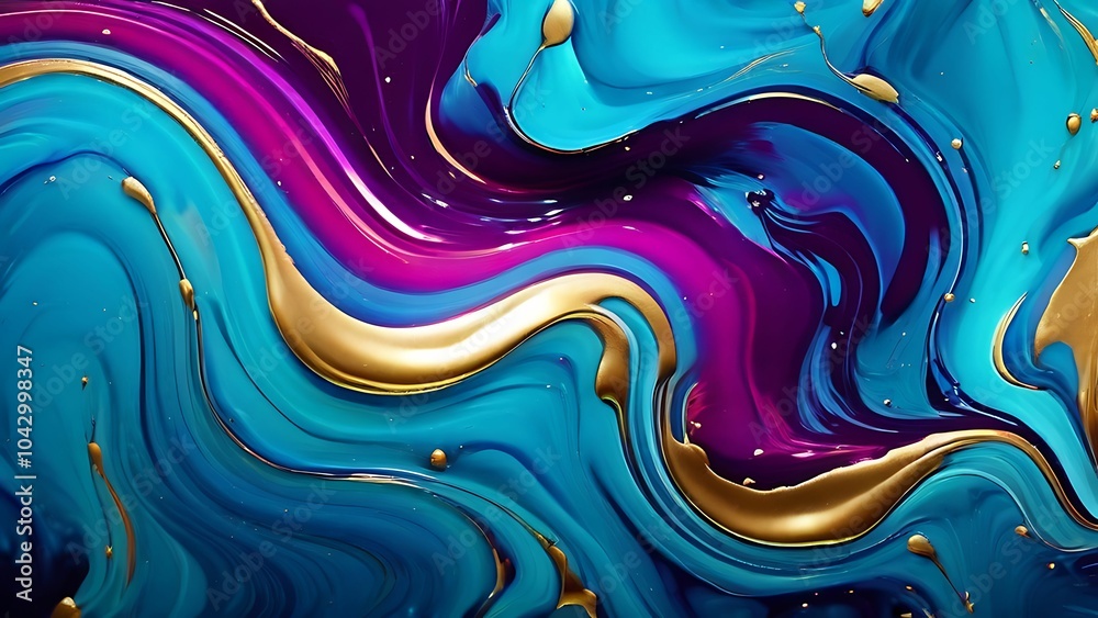 Colorful flowing paint with liquid gold highlights and artistic design for contemporary decor_065