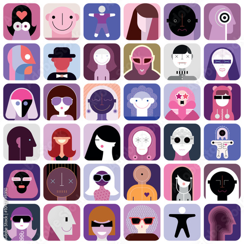 Art collage of images of different people. Vector flat style graphic design elements. Tileable wallpaper, can be used as seamless background.