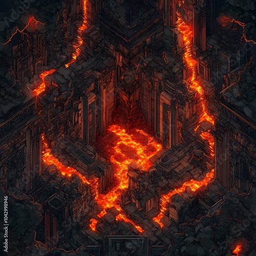 An intricate digital artwork of a cave labyrinth with streams of glowing red lava 8 bit top down view photo