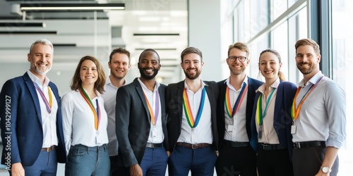 Diverse office team standing together with rainbow lanyards in bright minimalist corporate setting