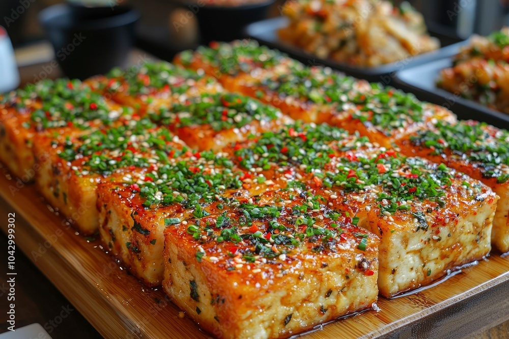 Close-up of Grilled Tofu with Toppings on Wooden Board Close-up of Grilled Tofu with Toppings on Wooden Board