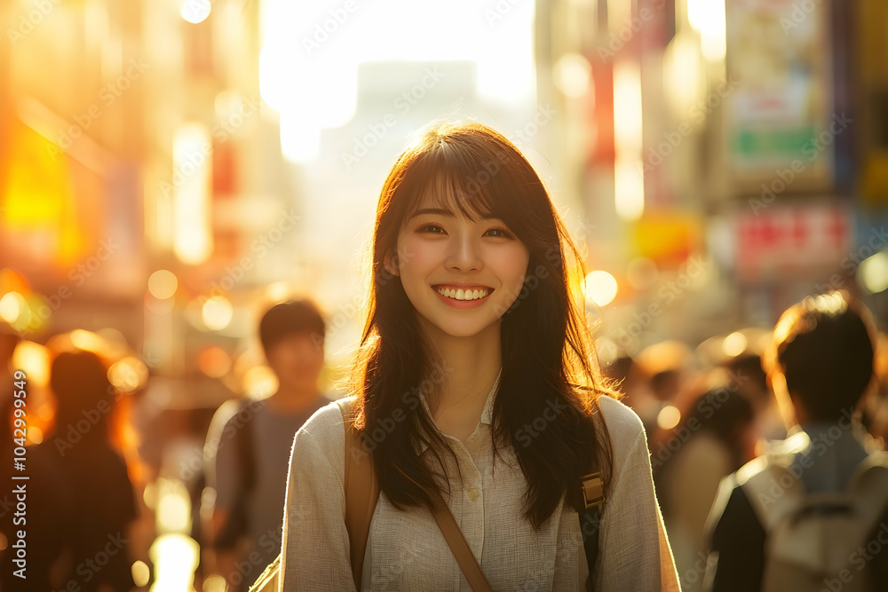Obraz premium Portrait of a smiling woman on a vibrant city street, casual fashion