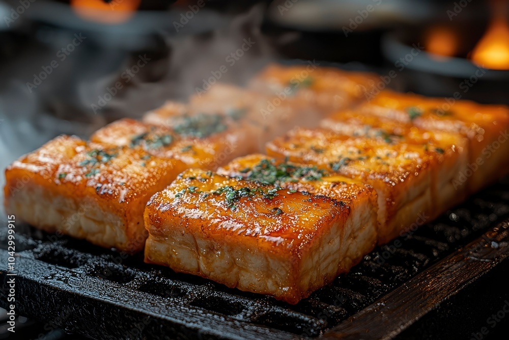 Glazed and Grilled Tofu Squares on a Black Grill Glazed and Grilled Tofu Squares on a Black Grill