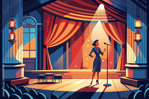 Elegant Jazz Singer Performing on Vintage Stage Under Spotlight