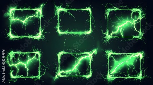 Lightning frames, green electric borders of rectangular and square shapes with thunder bolt effect. Isolated photo frames with thunderbolt impact.