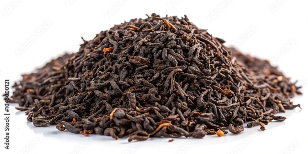 Extreme close-up image of Ceylon Black tea granules on white background Extreme close-up image of Ceylon Black tea granules on white background