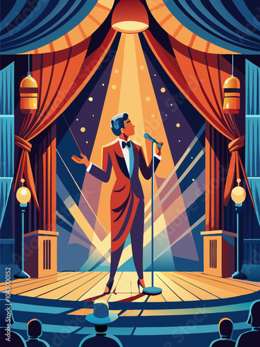 Retro Performer Singing on Vintage Style Stage Under Spotlight