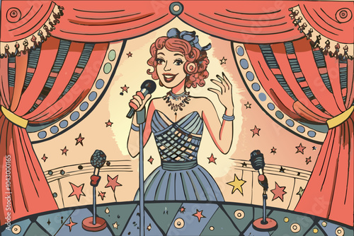 Vintage Cartoon Singer on Stage Under Red Curtains Illustration