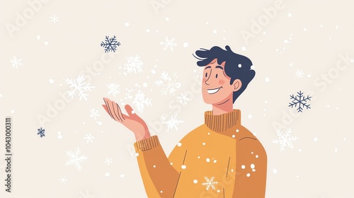 Joyful man in sweater enjoying falling snowflakes, cheerful winter scene, white background