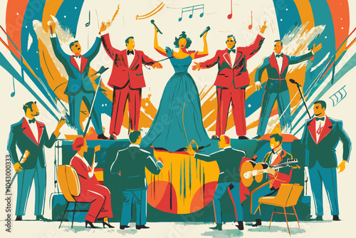 Vintage Jazz Orchestra Concert with Elegant Singer Illustration