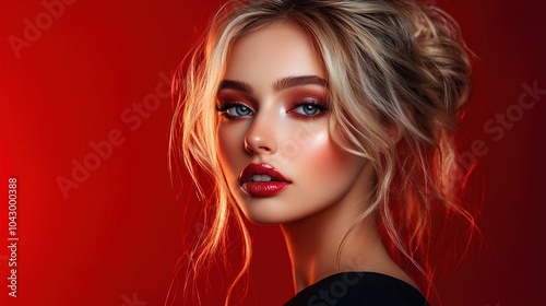 Beautiful emotional blonde woman with beauty makeup isolated color background