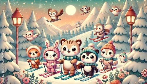 Charming Winter Ski Adventure with Cute Animal Friends in a Fantasy World photo