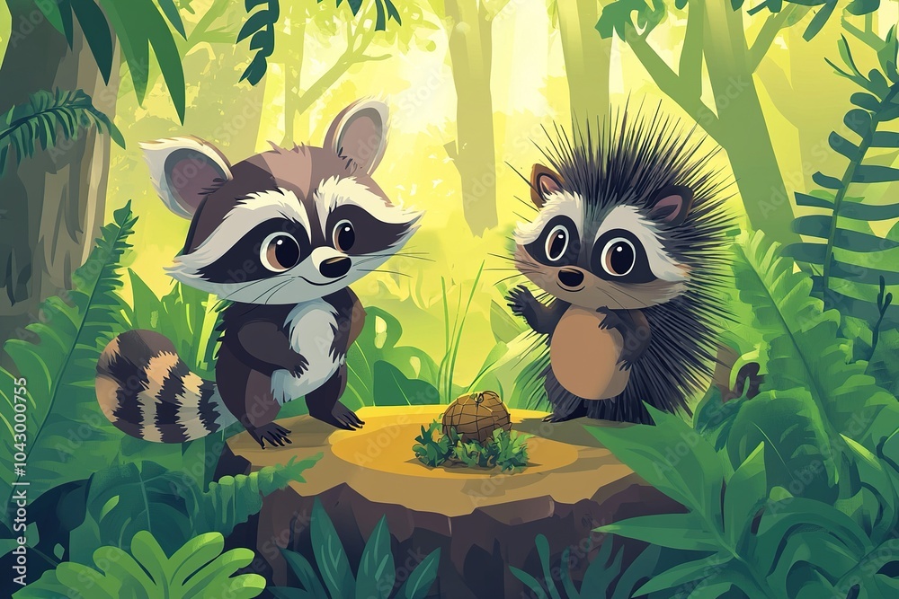 Obraz premium Raccoon and Porcupine Jungle Treasure Hunt Cartoon Illustration