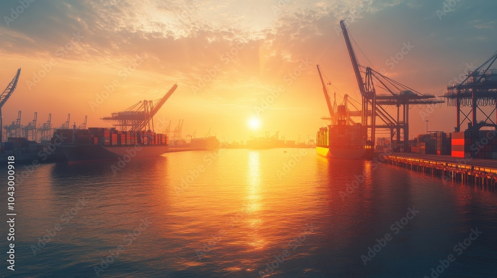 Obraz premium At sunrise, a bustling harbor where cargo ships are loaded with containers against a backdrop of the emerging sun, symbolizing the growth of global commerce