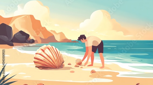 Person collecting seashells on a beach with a scenic background. photo