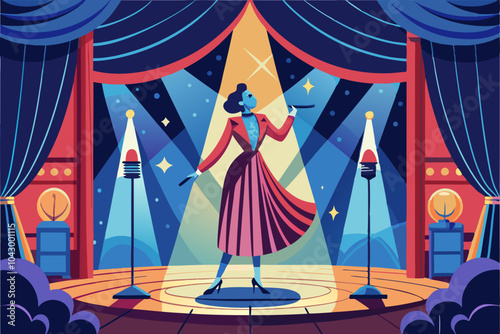 Elegant Female Singer Performing on Vintage Stage with Retro Microphone