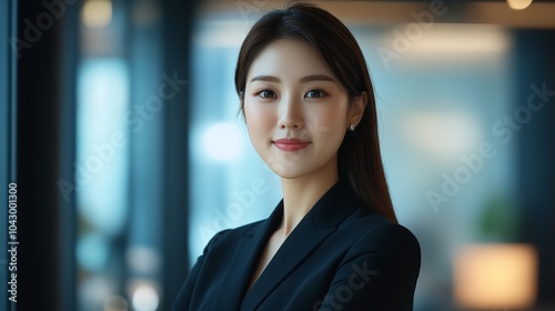 A Japanese businesswoman leads, stands confidently in modern office, crossed arms