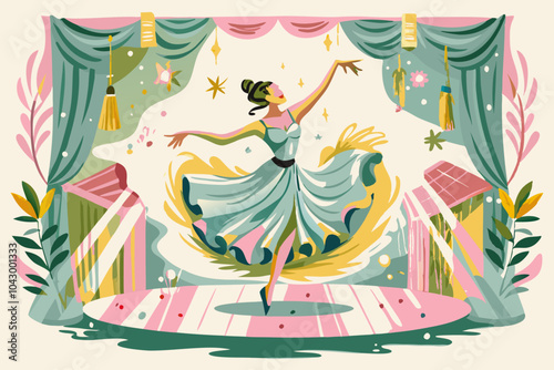 Elegant Ballerina Performing on Floral-Decorated Stage Illustration