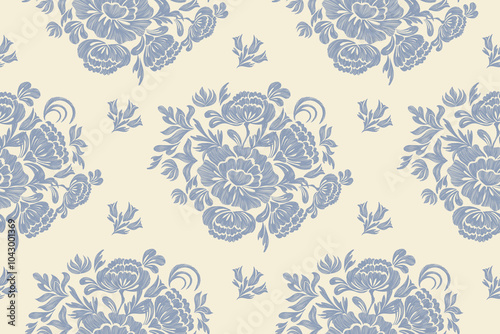 Ethnic Floral pattern seamless embroidery white background. Ikat bohemian blue flower ditsy motif traditional. Aztec style abstract vector illustration vintage design for print template.