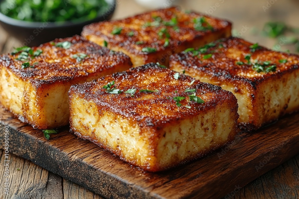 Four Pieces of Toasted Paneer Cheese on a Wooden Cutting Board Four Pieces of Toasted Paneer Cheese on a Wooden Cutting Board