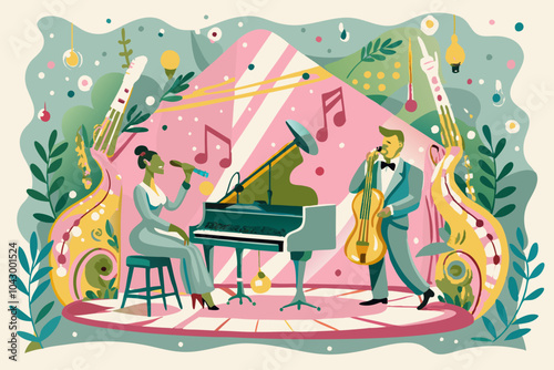 Vibrant Jazz Musicians Performing in Whimsical Garden Concert