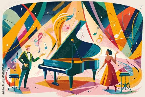 Elegant Jazz Night with Pianist and Singer Illustration