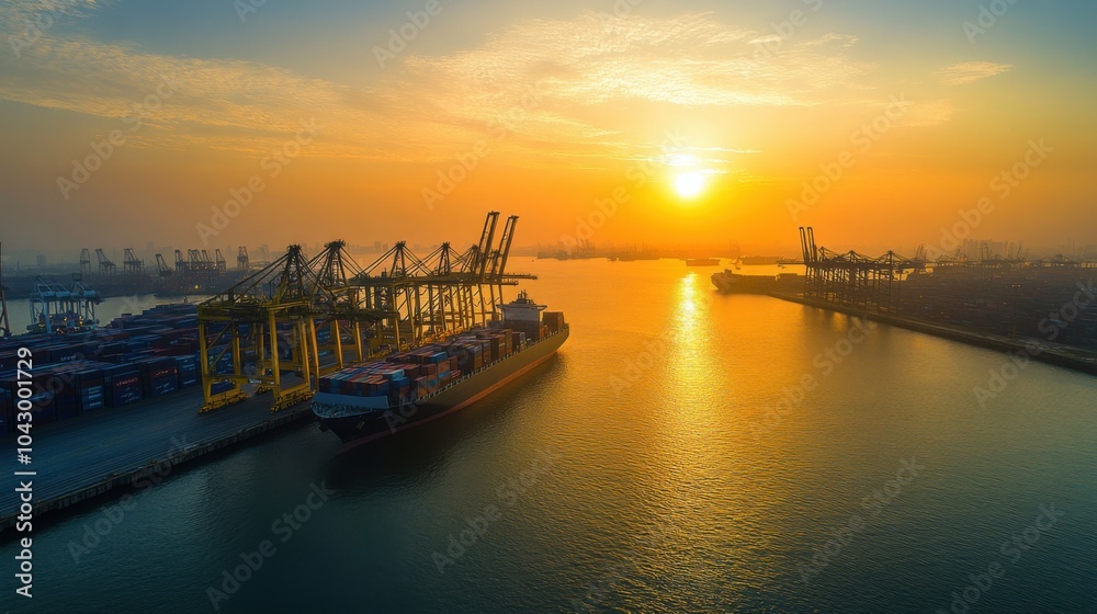 Fototapeta premium At the break of dawn, a bustling port comes to life with cargo ships and cranes orchestrating the loading of containers against the backdrop of a brilliant sunrise