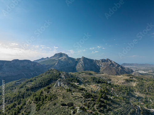 Looking towards the mountain Serra de Bèrnia i Ferrer from Tarbena village, Costa Blanca, Alicante, Spain - stock photo photo