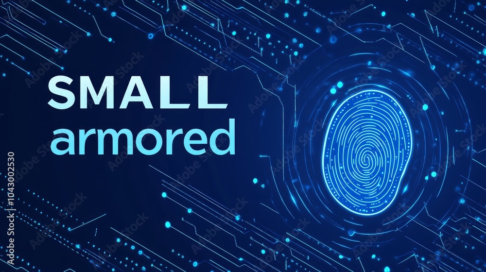 An abstract digital illustration of a fingerprint with the text 'SMALL armored' in the foreground on a blue background with lines and dots.