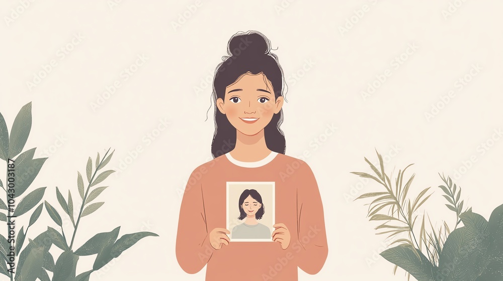 Smiling woman holding a portrait in a serene indoor plant setting. Smiling woman holding a portrait in a serene indoor plant setting.