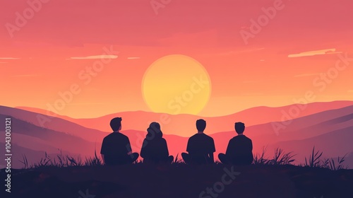 Silhouetted friends watching a sunset in a serene landscape.