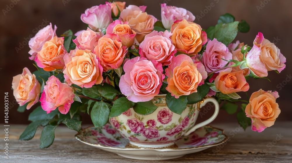 Elegant spray roses arranged in teacup vase Elegant spray roses arranged in teacup vase