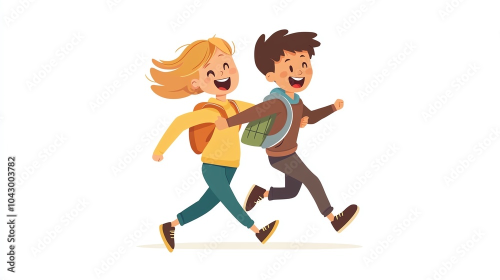 Two children joyfully running outdoors, expressing happiness and friendship. Two children joyfully running outdoors, expressing happiness and friendship.