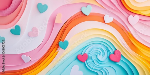 Whimsical stock photo with colorful swirling rainbow patterns and hearts in a bright studio setting