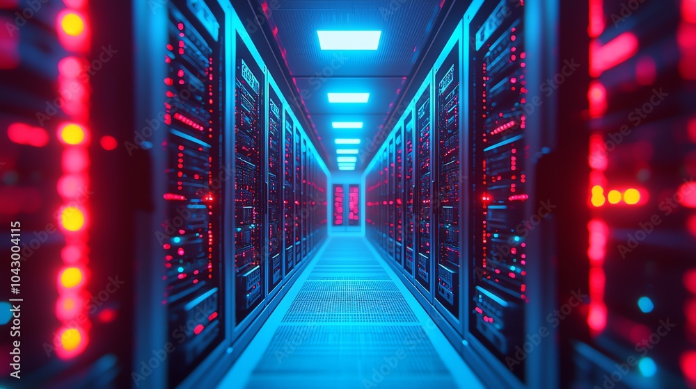 Birdseye view of interconnected servers in a data center, glowing blue lights, cables neatly organized, sterile white lighting, scifi tone Birdseye view of interconnected servers in a data center, glowing blue lights, cables neatly organized, sterile white lighting, scifi tone