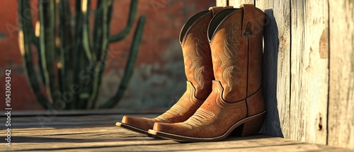 A pair of intricately crafted western leather boots showcasing detailed craftsmanship. Perfect for adding a touch of rustic charm to your footwear collection. photo