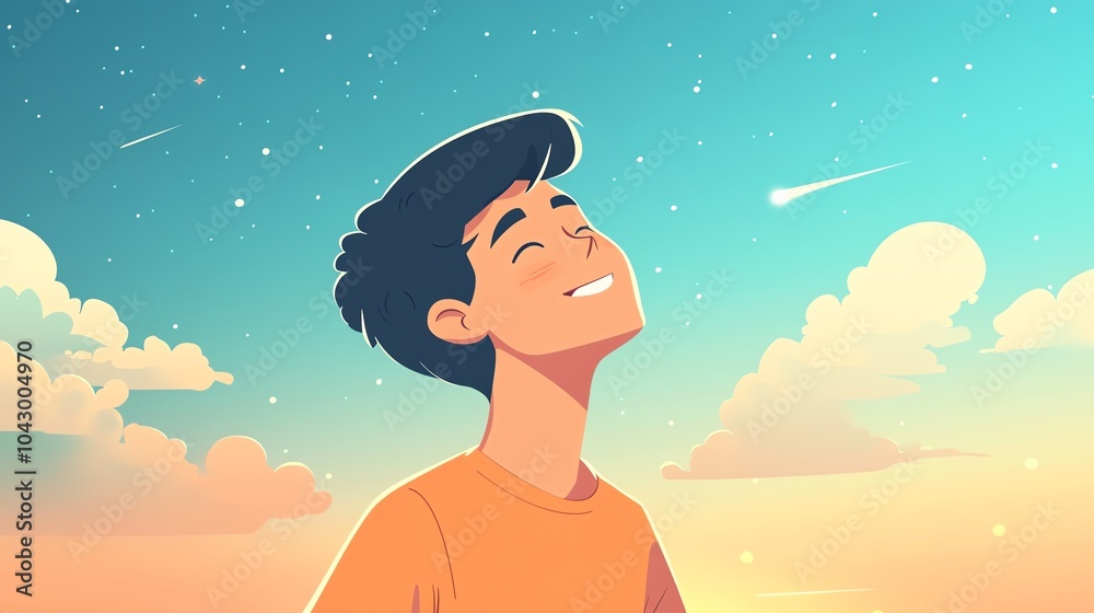 Young man enjoying a beautiful sunset, looking at shooting stars in the sky. Young man enjoying a beautiful sunset, looking at shooting stars in the sky.