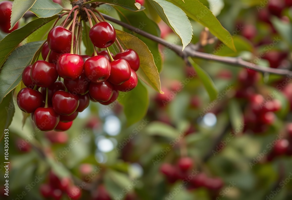 Ripe Red Cherries Hanging from Branch in Orchard Ripe Red Cherries Hanging from Branch in Orchard